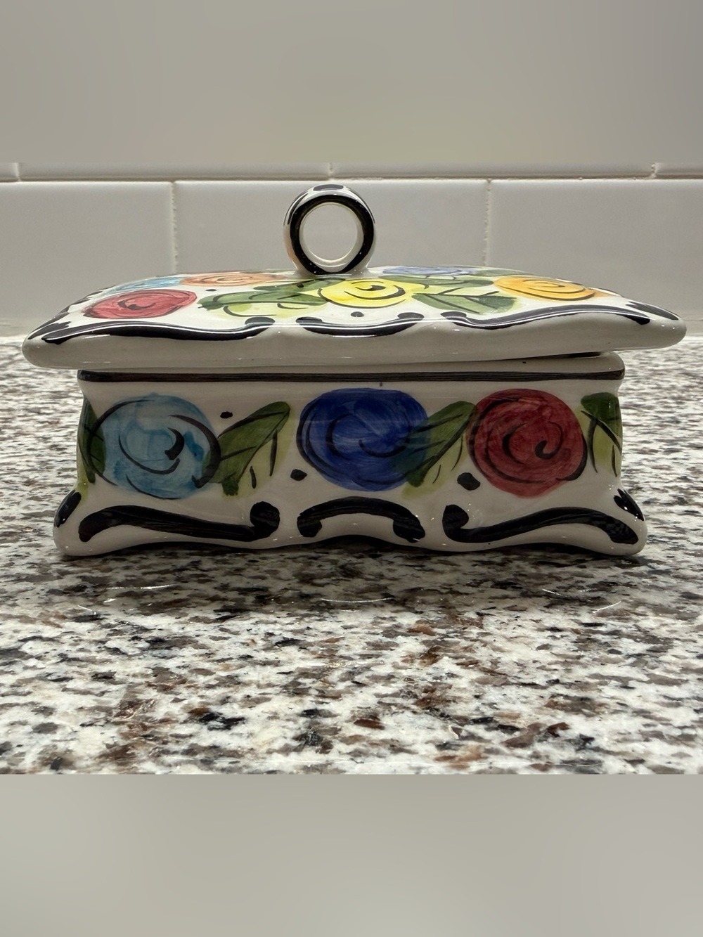 Vintage Macy's Hand Painted Ceramic Trinket Box Lid Floral Made in Portugal